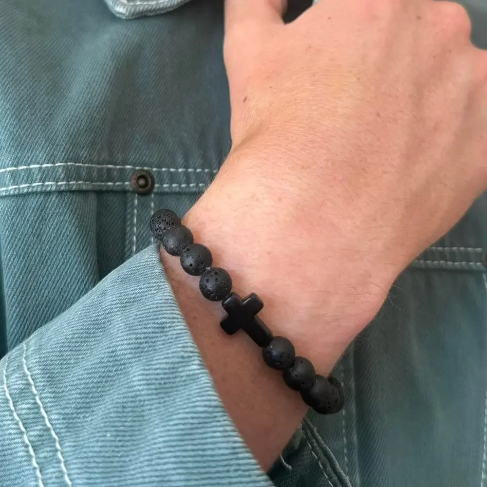 Y2K Black Lava Stone Cross Bracelet Unisex Stretch Minimalist Beaded Accessory
